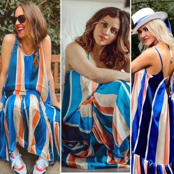 LEMLEM X H&M Blue and Pink Satin Ruffled Stripe Maxi Dress Size M - Picture 4 of 16